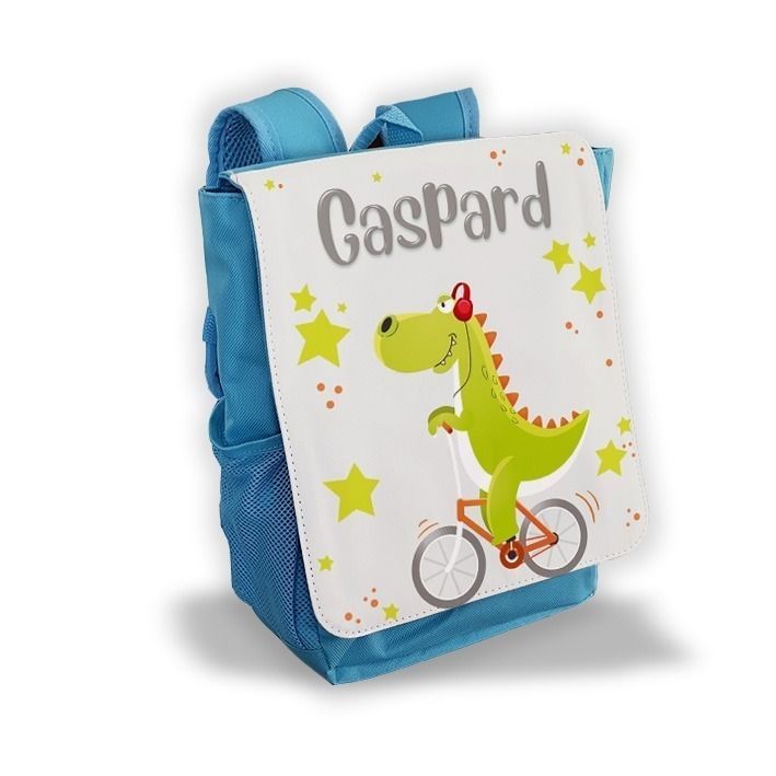 Sac à dos pour enfant personnalisé avec prénom modèle Dino à vélo