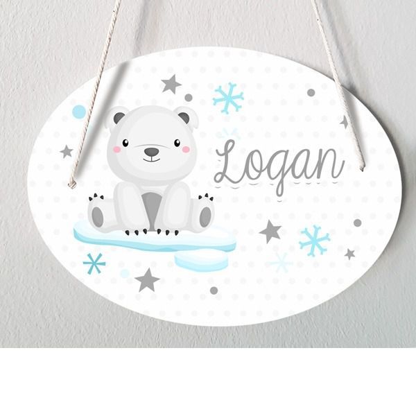 Plaque de porte chambre d'enfant personnalisable - modèle Logan - Ours polaire