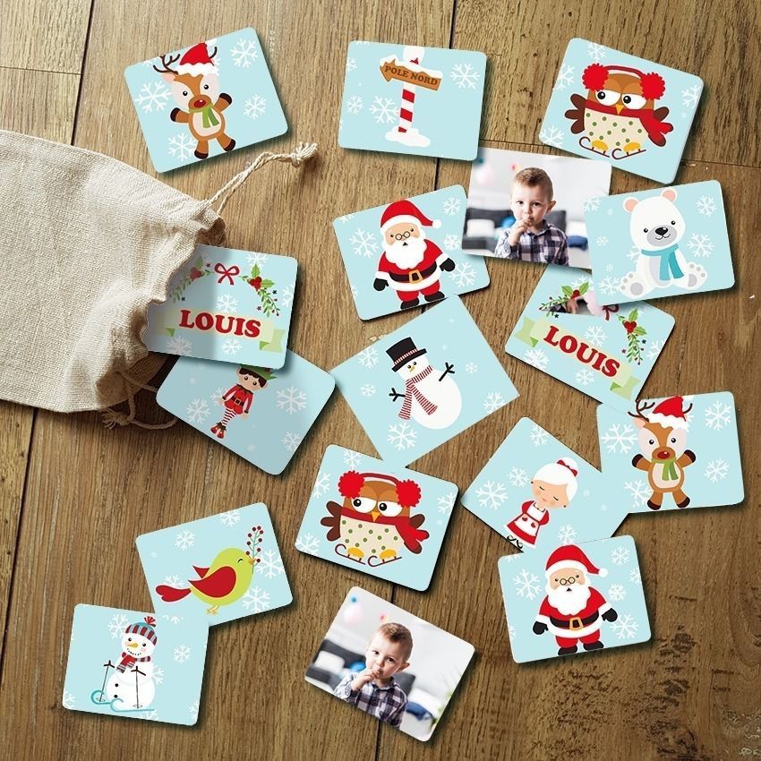 Jeu de mémoire modèle Noël personnalisé avec photo & prénom de l'enfant (30 pièces)