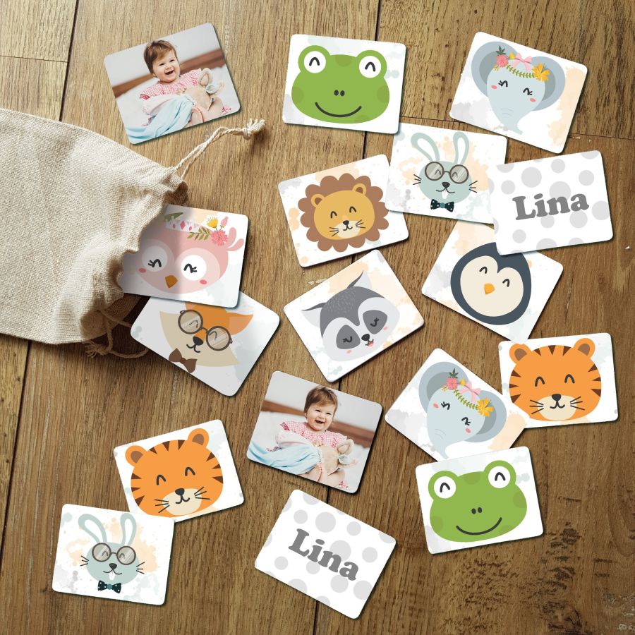 Jeu de mémoire modèle animaux personnalisé avec photo & prénom de l'enfant (30 pièces)