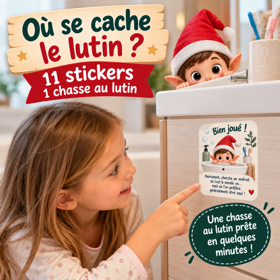 Stickers chasse au lutin de Noël, jeu de piste enfant, indices lutin farceur, activité Noël, chasse au trésor, tradition de Noël