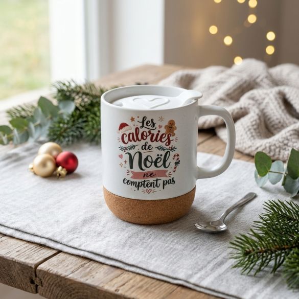 Mug de Noël avec couvercle et base en liège – Les calories de Noël ne comptent pas