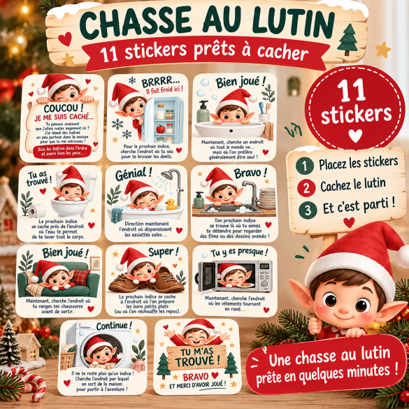Stickers chasse au lutin de Noël, jeu de piste enfant, indices lutin farceur, activité Noël, chasse au trésor, tradition de Noël