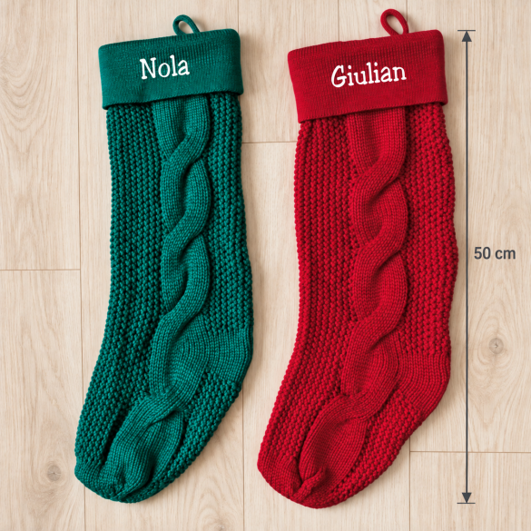 Grande chaussette de Noël personnalisée en tricot – Prénom brodé 50 cm