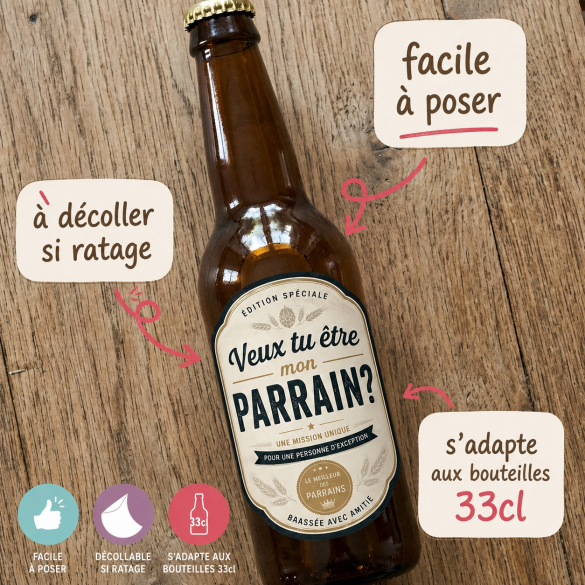 Étiquette bière demande parrain | Veux-tu être mon parrain ? | Annonce grossesse originale | Sticker bouteille 33 cl