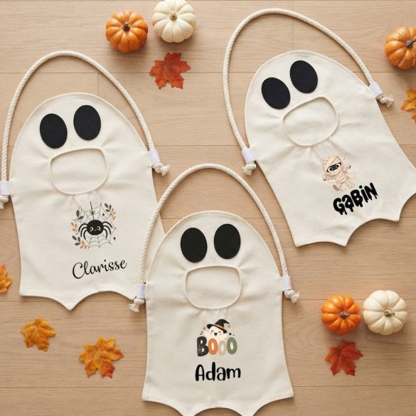 Sac à bonbons Halloween personnalisé prénom enfant, sac fantôme, panier à friandises, chasse aux bonbons, cadeau Halloween