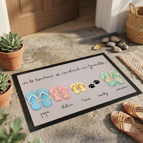 Tapis d'entrée personnalisé |Famille - Tongs de plage