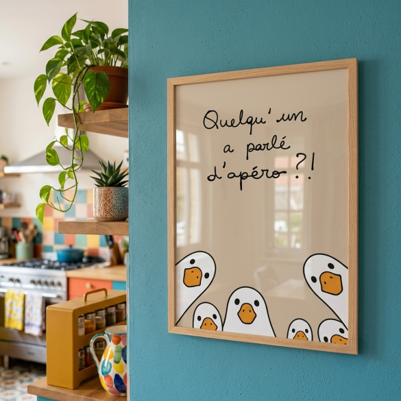 Affiche murale Oies "Quelqu'un a parlé d'apéro ?!" | Décoration cuisine originale & idée cadeau