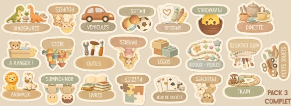 Stickers rangement jouets enfant | Étiquettes bacs illustrées | Organisation chambre | Style doux Montessori Trofast