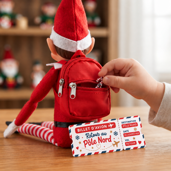 Kit départ lutin farceur Noël – Sac à dos + billet avion retour Pôle Nord + lettre – Accessoires lutin tradition de Noël enfant