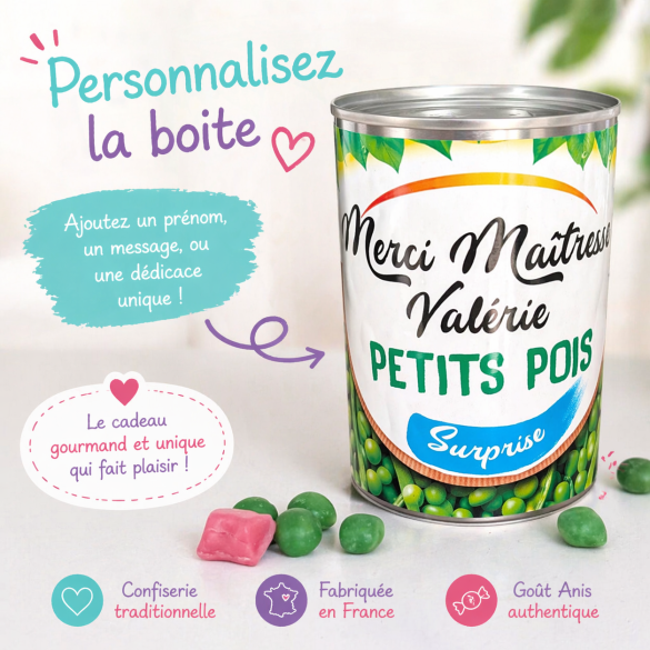 Boite de conserve remplie de bonbon Petits pois | Merci Maîtresse