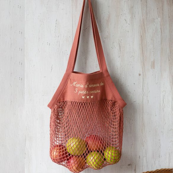 Sac filet personnalisé coton bio brodé – Cadeau Mamie original – Sac courses réutilisable