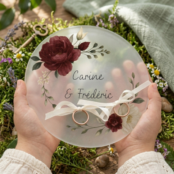 Plateau porte alliances mariage satiné imprimé | Modèle Pivoines