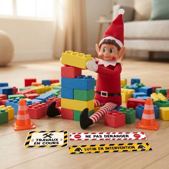 Kit chantier Lutin Farceur Noël – Panneaux Travaux en Cours – Stickers signalétique – Accessoires bêtises lutin – Enfant