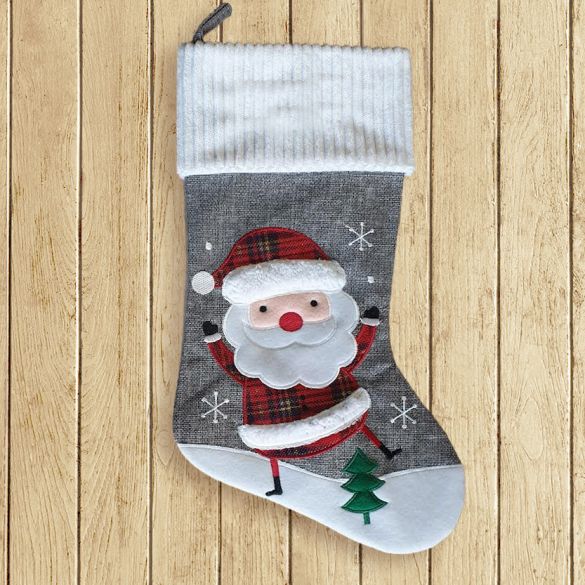 Destockage : Chaussette de Noël déjà brodée, modèle gris côtelé