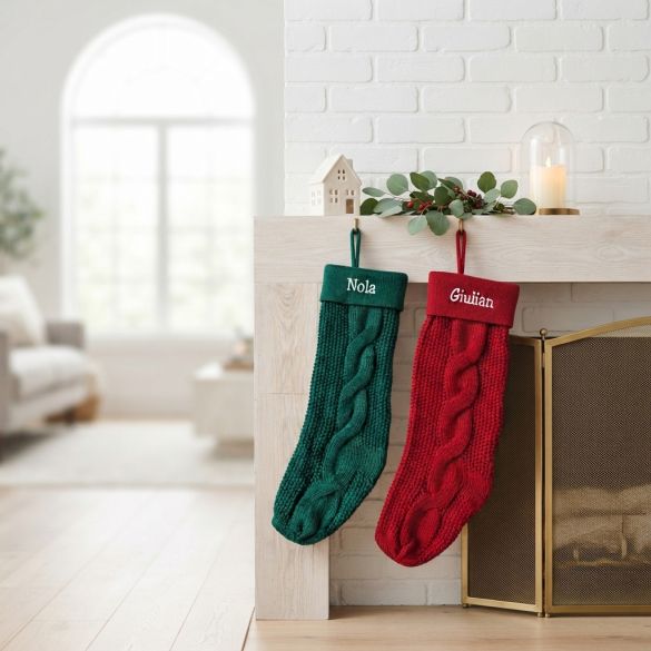 Grande chaussette de Noël personnalisée en tricot – Prénom brodé 50 cm