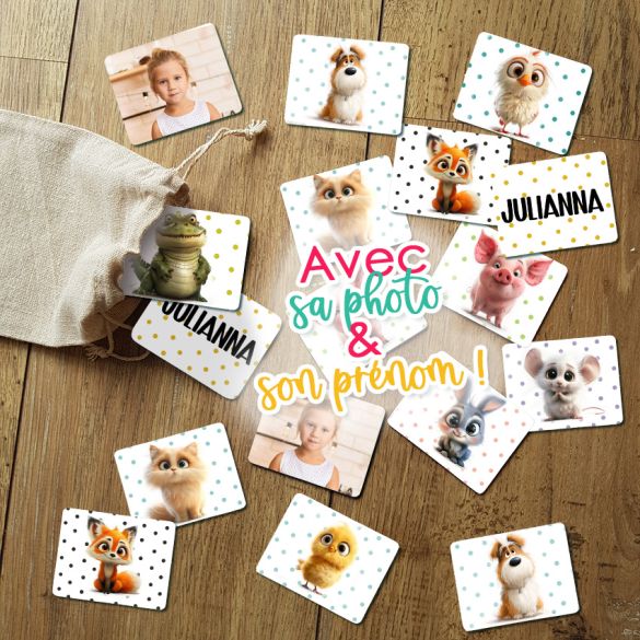 Jeu de mémoire modèle animaux personnalisé avec photo & prénom de l'enfant (30 pièces)