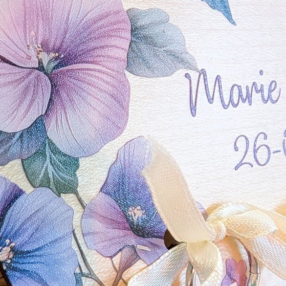 Plateau porte alliances mariage bois imprimé, couronne de fleurs mauves  personnalisé