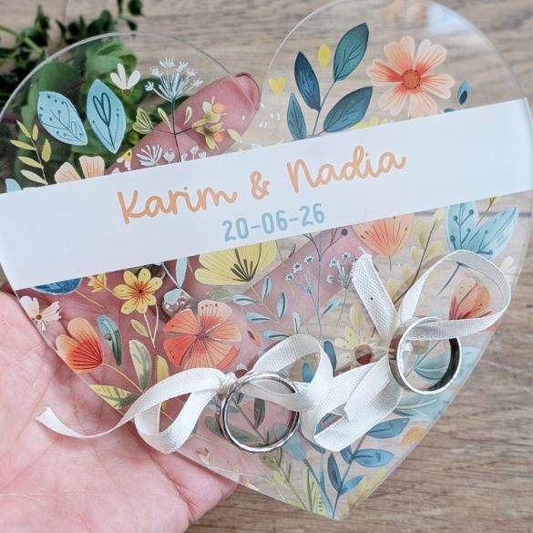 Plateau porte alliances mariage transparent imprimé | Coeur personnalisé