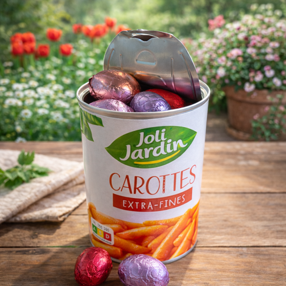 Boîte surprise de conserve de carottes avec chocolats de Pâques