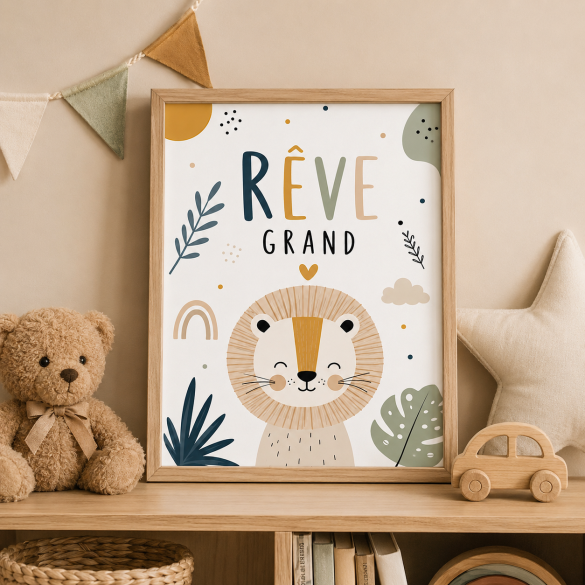 Affiche murale 'Rêve Grand' avec lion | Décoration chambre bébé et enfant