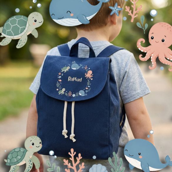 Sac à dos enfant personnalisé en coton bio modèle Océan, idéal pour la crèche et la maternelle