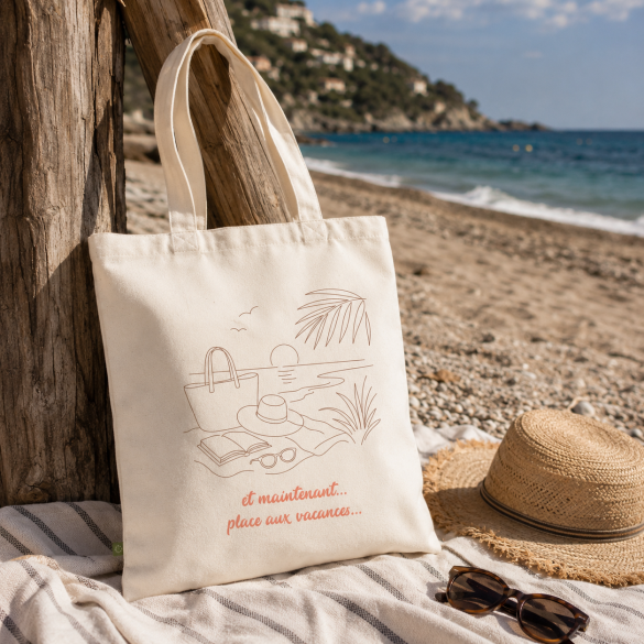 Totebag coton de qualité Maîtresse 'Place aux vacances' Personnalisable