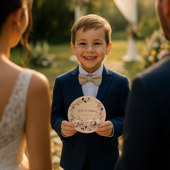 Plateau porte alliances mariage bois imprimé, couronne de fleurs personnalisé