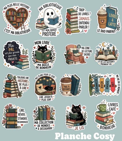 Planche de stickers Book Lover – Édition Cozy ou Douceur | Stickers lecture illustrés