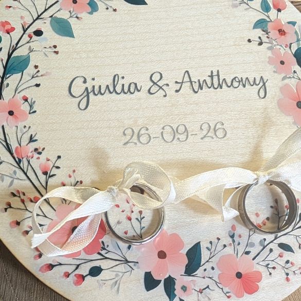 Plateau porte alliances mariage bois imprimé, couronne de fleurs personnalisé