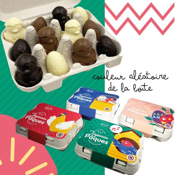 Boite oeufs et poussins chocolat - chocolat de pâques, étquettes personnalisée