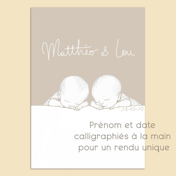 Affiche ou Plaque alu murale de Naissance Jumeaux Personnalisée - Calligraphie Artisanale à la Main -Décoration murale Tableau naissance