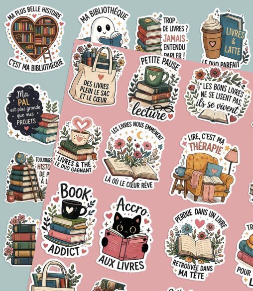 Planche de stickers Book Lover – Édition Cozy ou Douceur | Stickers lecture illustrés
