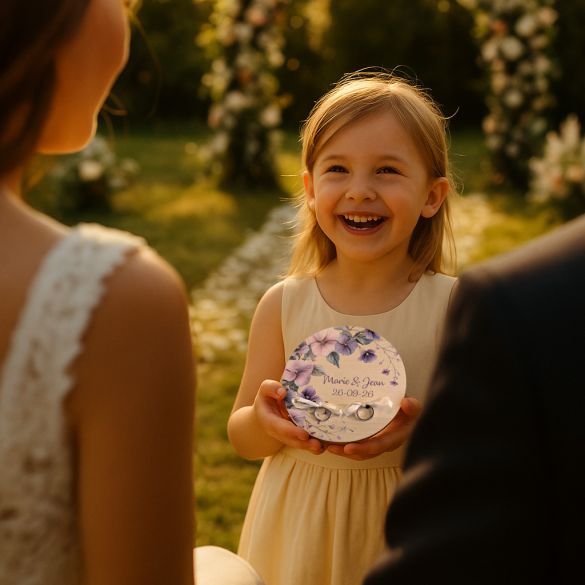 Plateau porte alliances mariage bois imprimé, couronne de fleurs mauves  personnalisé