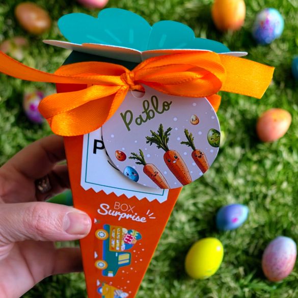 Box surprise Carotte enfant - chocolats de pâques, étiquette personnalisée