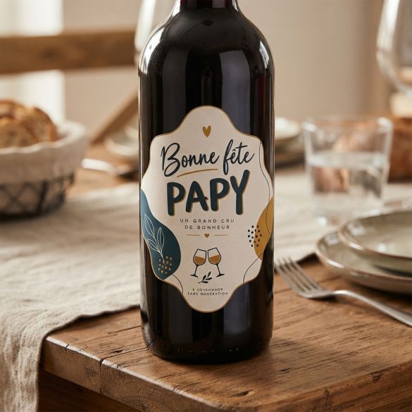 Étiquette bouteille vin Bonne fête Papy – Cadeau Fête des grands-pères – Sticker vin 13x10 cm – Décoration bouteille grand-père