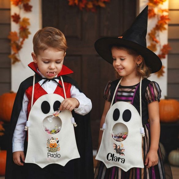 Sac à bonbons Halloween personnalisé prénom enfant, sac fantôme, panier à friandises, chasse aux bonbons, cadeau Halloween