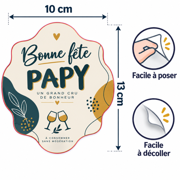 Étiquette bouteille vin Bonne fête Papy – Cadeau Fête des grands-pères – Sticker vin 13x10 cm – Décoration bouteille grand-père