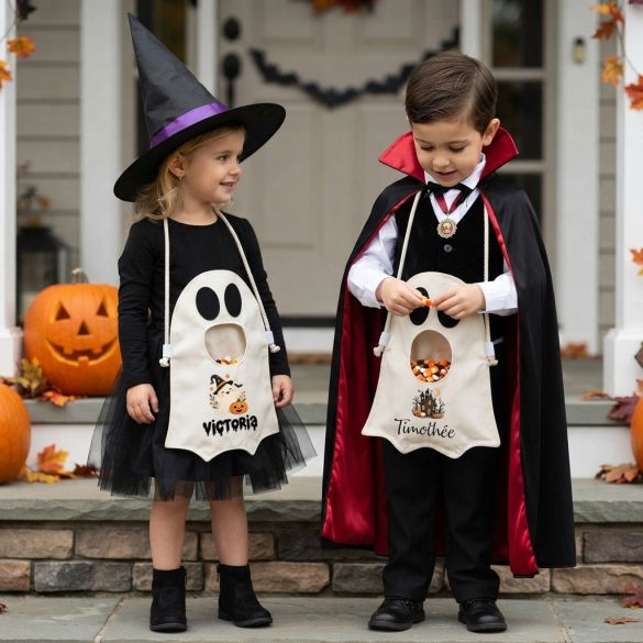 Sac à bonbons Halloween personnalisé prénom enfant, sac fantôme, panier à friandises, chasse aux bonbons, cadeau Halloween