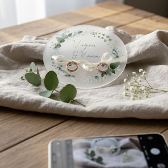 Plateau porte alliances mariage satiné imprimé | Modèle Eucalyptus
