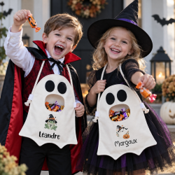 Sac à bonbons Halloween personnalisé prénom enfant, sac fantôme, panier à friandises, chasse aux bonbons, cadeau Halloween