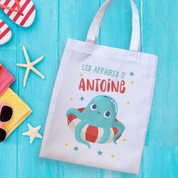 Tote Bag Personnalisable Enfant Dinosaure Bleu - Sac En Coton 38x42 Cm, Anses Longues, Pour école Ou Shopping