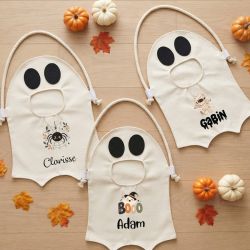 Sac à bonbons Halloween personnalisé prénom enfant, sac fantôme, panier à friandises, chasse aux bonbons, cadeau Halloween
