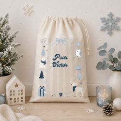 Pochon de Noël personnalisé avec prénom – Modèle Hiver Givré