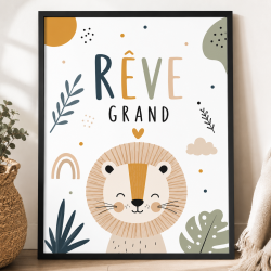 Affiche murale 'Rêve Grand' avec lion | Décoration chambre bébé et enfant