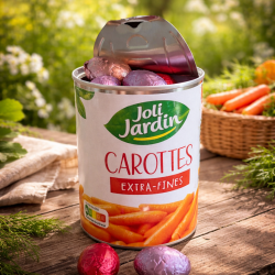 Boîte surprise de conserve de carottes avec chocolats de Pâques