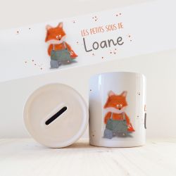 Tirelire personnalisée avec prénom  modèle Renard salopette