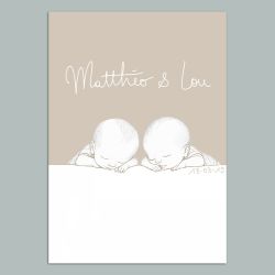 Affiche ou Plaque alu murale de Naissance Jumeaux Personnalisée - Calligraphie Artisanale à la Main -Décoration murale Tableau naissance