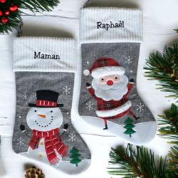 Destockage : Chaussette de Noël déjà brodée, modèle gris côtelé