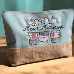 Pochette brodée coton et jutte  pour maîtresse, atsem, AVS, AESH, nounou